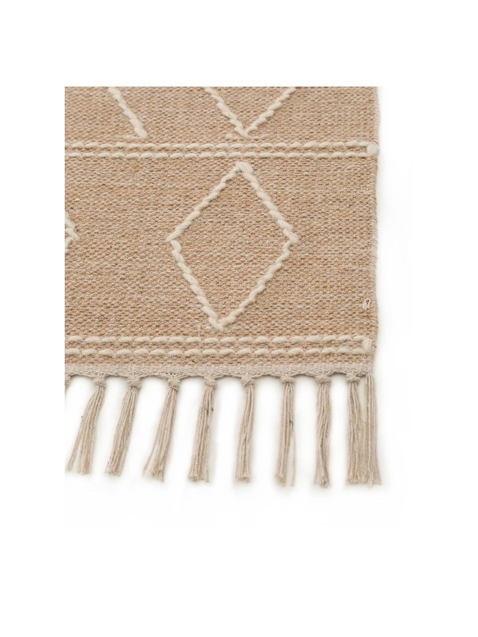 Handgewebter Boho-Teppich Sydney mit Fransen, 60% Baumwolle, 40% Wolle, Beige, Creme, B 120 x L 170 cm (Größe S)