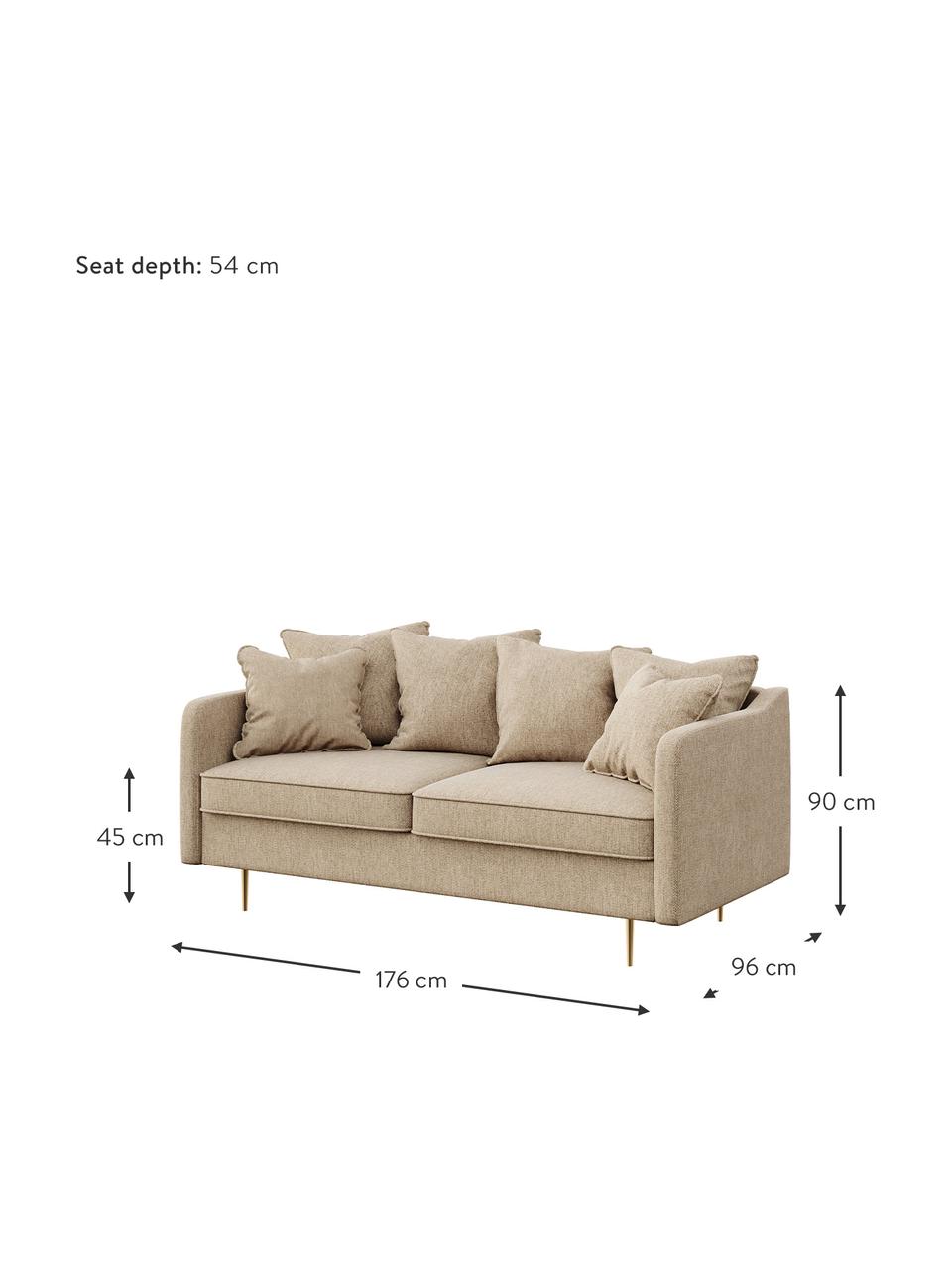 Divano 2 posti in tessuto beige Esme, Rivestimento: 100% poliestere Con 100.0, Struttura: legno duro, legno morbido, Piedini: metallo rivestito, Tessuto beige, ottonato, Larg. 176 x Prof. 96 cm