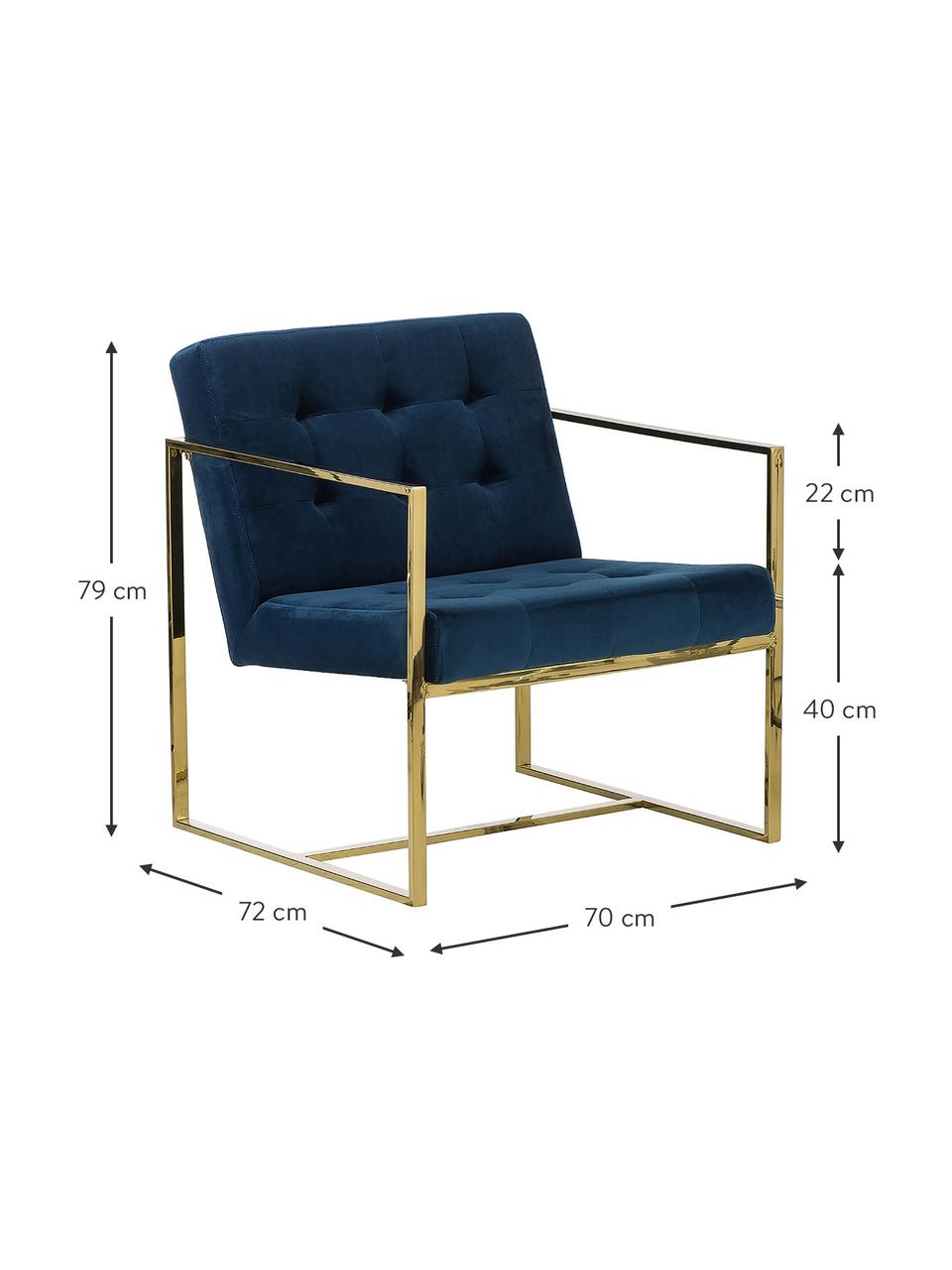 Fauteuil lounge en velours Manhattan, Velours bleu foncé, couleur dorée, larg. 70 x prof. 72 cm