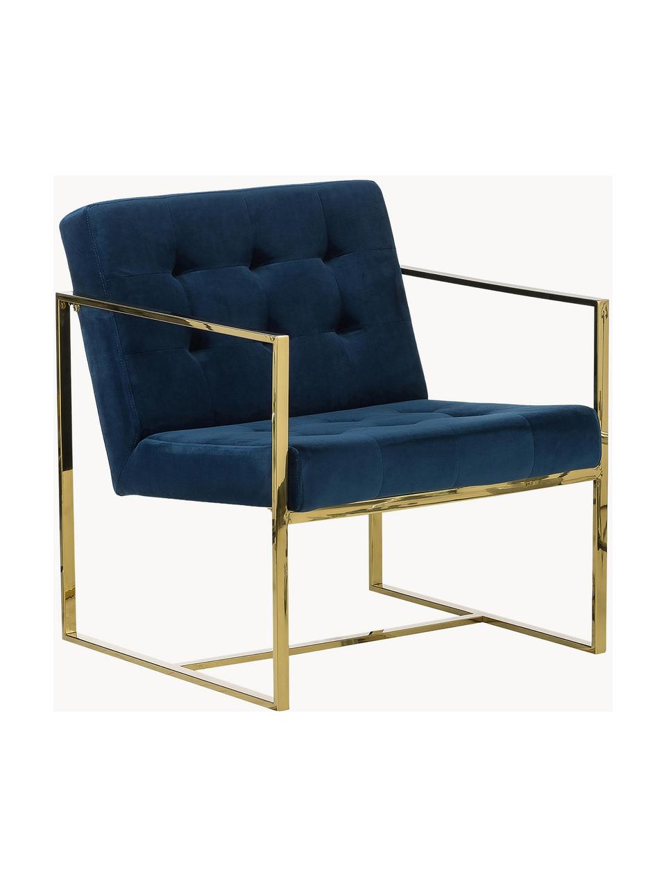 Fotel wypoczynkowy z aksamitu Manhattan, Tapicerka: aksamit (poliester) Dzięk, Ciemnoniebieski aksamit, odcienie złotego, S 70 x G 72 cm