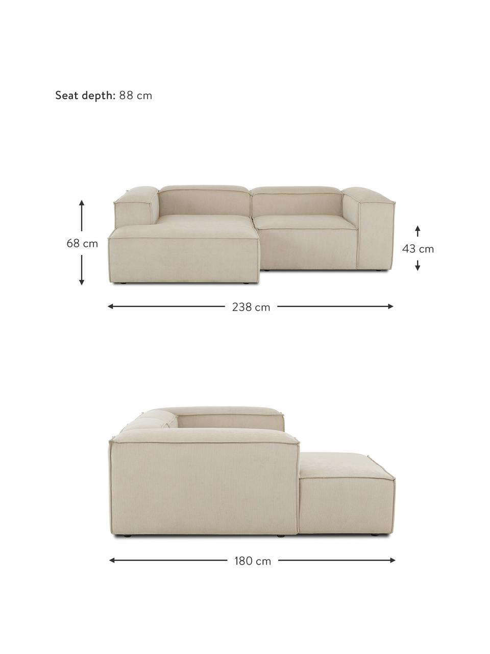 Canapé d'angle modulable en velours côtelé Lennon, Velours côtelé beige, larg. 238 x prof. 180 cm, méridienne à gauche