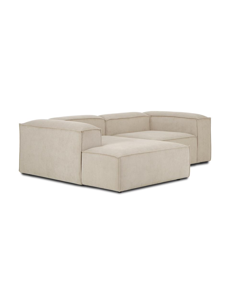 Divano angolare componibile in velluto a coste Lennon, Rivestimento: velluto a coste (92% poli, Struttura: legno di pino massiccio, , Piedini: plastica, Velluto a coste beige, Larg. 238 x Prof. 180 cm, chaise-longue a sinistra