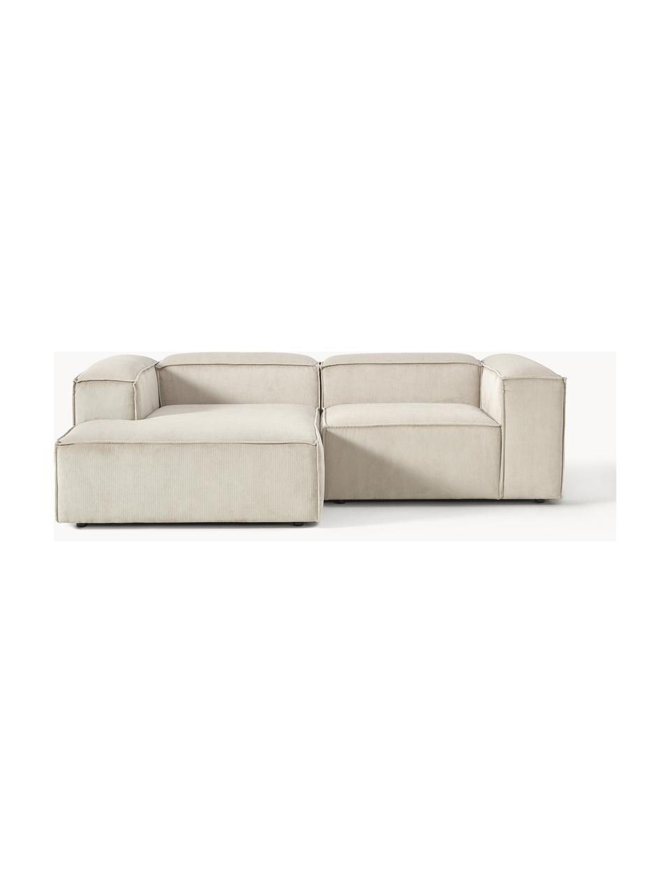 Sofá rinconera modular de pana Lennon, Tapizado: pana (92% poliéster, 8% p, Estructura: madera de pino maciza, ma, Patas: plástico Este producto es, Pana beige claro, An 238 x F 180 cm, chaise longue derecha