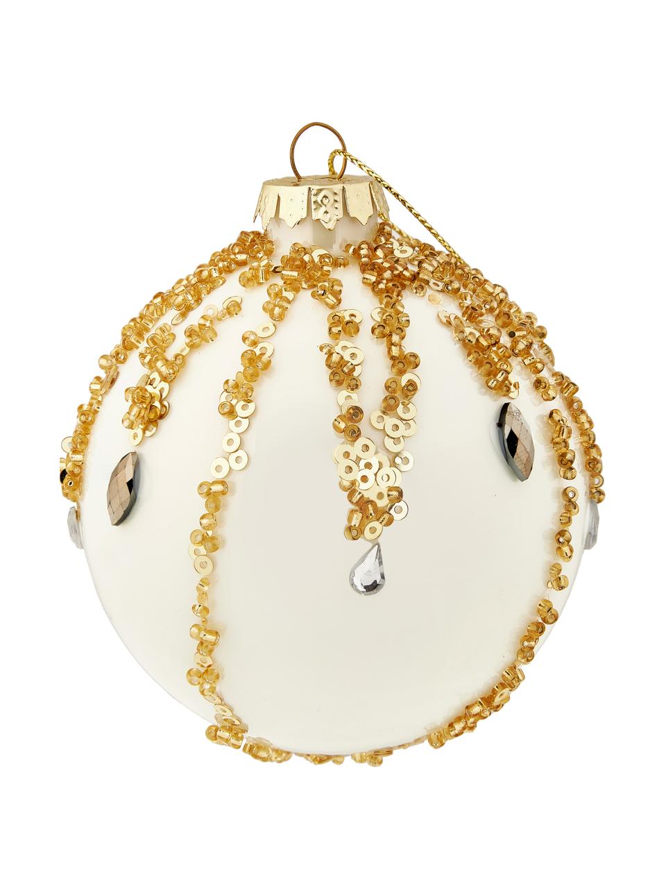 Boules de Noël Flitter Ø 8 cm, 12 pièces, Verre, Blanc, doré, Ø 8 cm