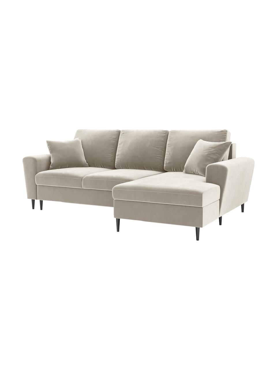 Sofá rinconera cama de terciopelo Moghan (3 plazas), con espacio de almacenamiento, Tapizado: terciopelo de poliéster A, Estructura: madera de pino maciza, ma, Patas: metal pintado, Terciopelo beige, patas negro, An 241 x F 145 cm, chaise longue izquierda
