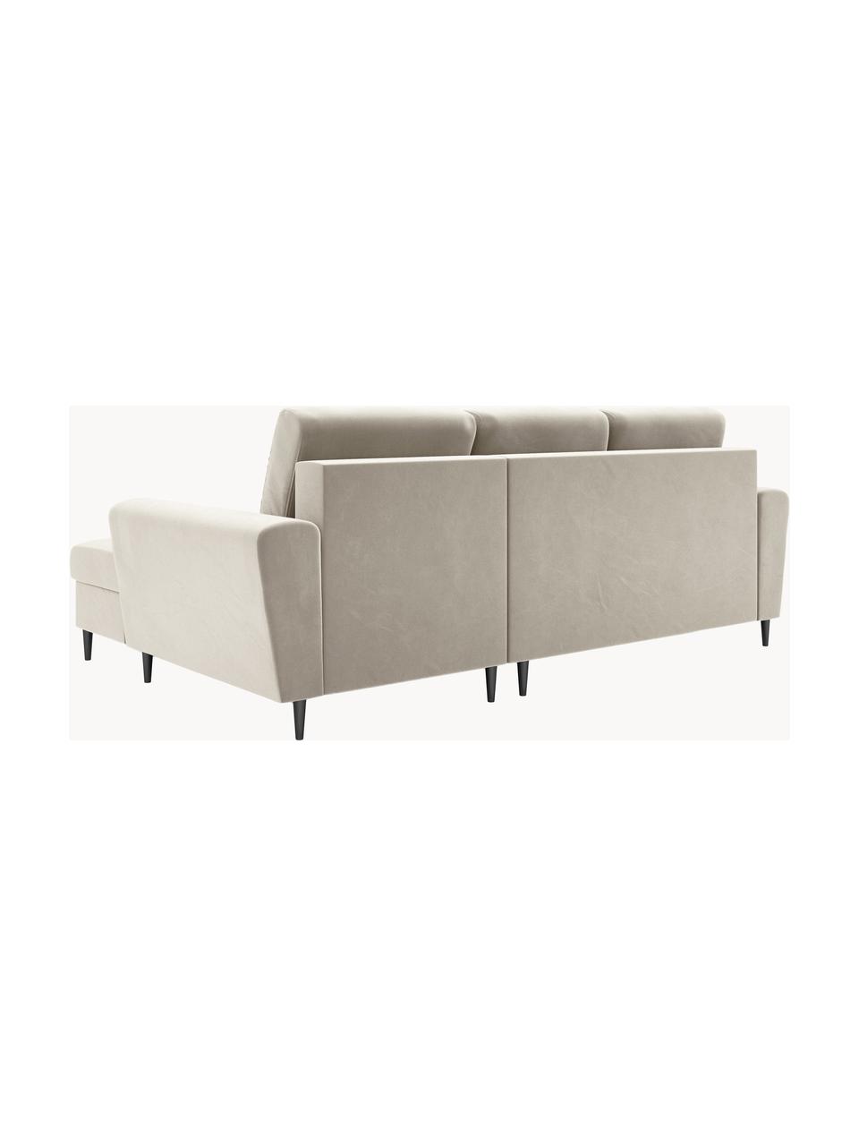 Divano letto angolare 3 posti in velluto con contenitore Moghan, Rivestimento: velluto di poliestere Il , Struttura: legno massiccio di pino, , Piedini: metallo laccato, Velluto beige chiaro, Larg. 241 x Prof. 145 cm, chaise-longue a sinistra