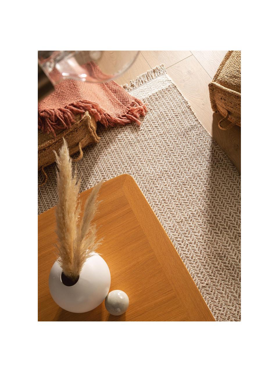 Tapis en laine à franges tissé main Kim, 80 % laine, 20 % coton

Les tapis en laine peuvent perdre des fibres lors des premières semaines et des peluches peuvent se former, ce phénomène est naturel et diminue à mesure de votre usage et du temps, Tons beiges, larg. 200 x long. 300 cm (taille L)