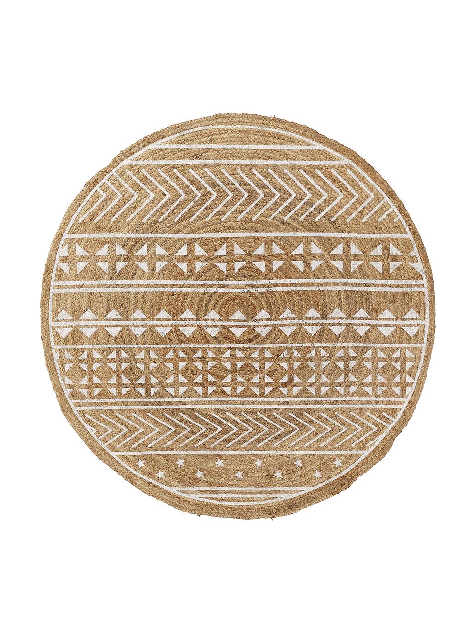 Rond vloerkleed Cecile met witte ethno print, Natuurlijke vezels, Beige, wit, Ø 100 cm