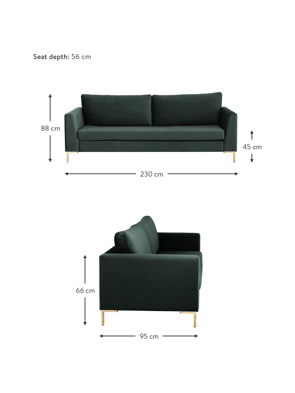 Divano 3 posti in velluto con piedini in metallo Luna, Rivestimento: velluto (poliestere) Con , Struttura: legno di faggio massiccio, Piedini: metallo zincato, Velluto verde scuro, Larg. 230 x Prof. 95 cm