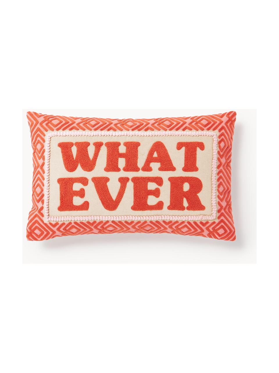 Housse de coussin rectangulaire avec slogan brodé Whatever, Rouge corail, blanc cassé, larg. 30 x long. 50 cm