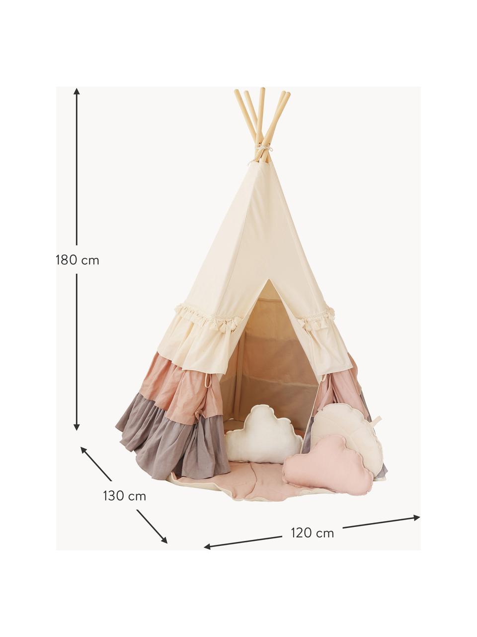 Dětské teepee s volánky a růžovou podložkou Frills, Len, bavlna, Tlumeně bílá, odstíny růžové, Š 120 cm, V 180 cm