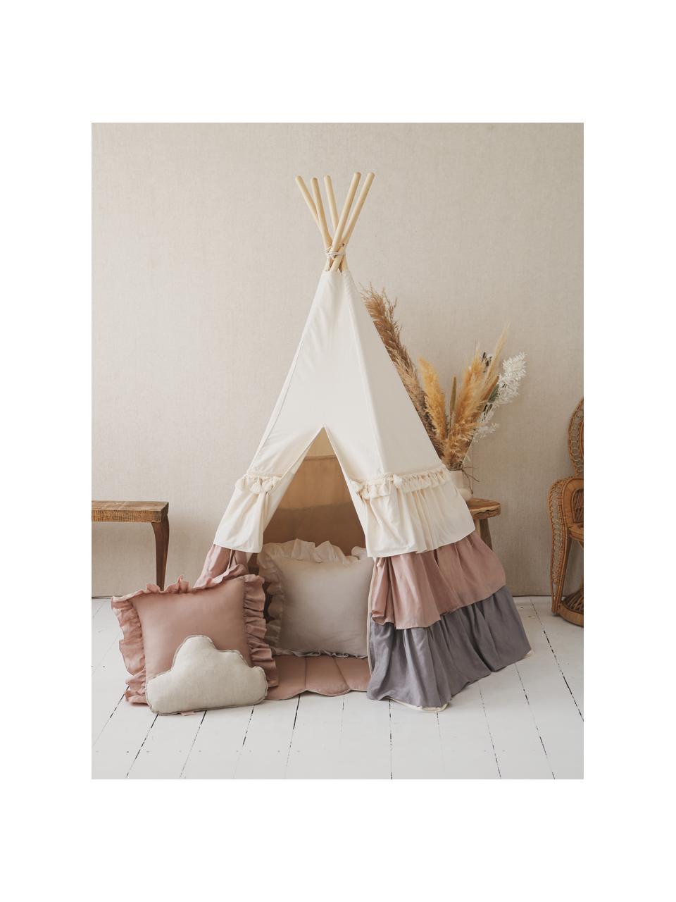 Kinder-Tipi Frills mit Rüschen und Matte, Leinen, Baumwolle, Off White, Rosatöne, B 120 x H 180 cm