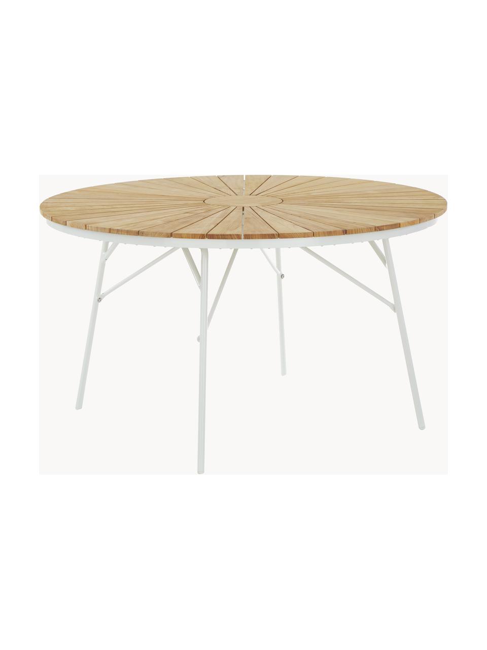 Ronde tuintafel Hard & Ellen met teakhouten tafelblad, verschillende formaten, Tafelblad: gepolijst teakhout V-Lega, Frame: gepoedercoat aluminium, Teakhout, wit, Ø 150 x H 73 cm