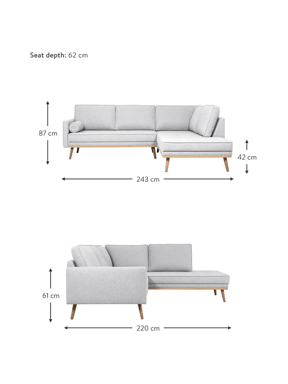 Sofa narożna z nogami z drewna dębowego Saint (3-osobowa), Tapicerka: poliester Dzięki tkaninie, Jasnoszara tkanina, S 243 x G 220 cm