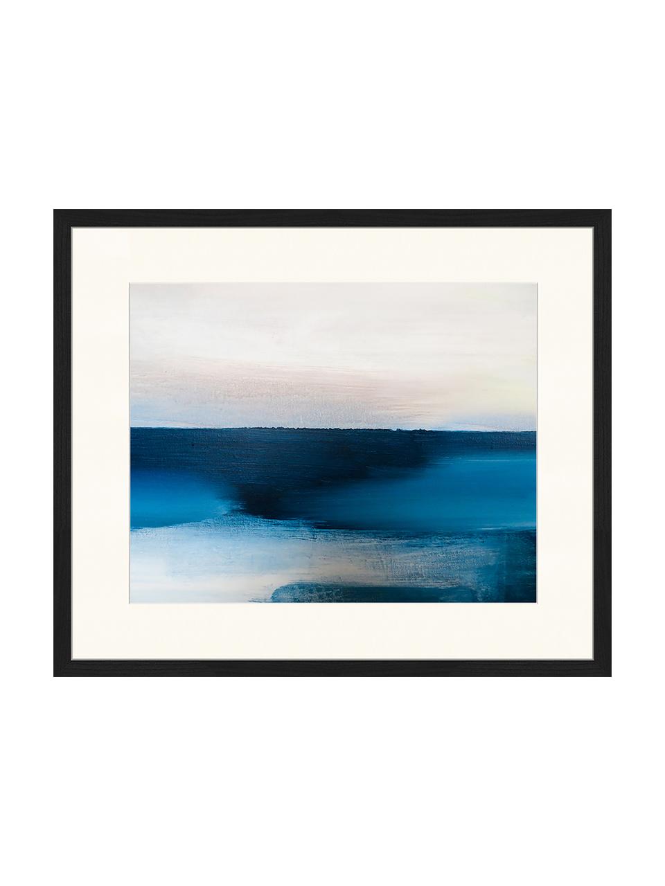 Ingelijste digitale print Blue And Grey Abstract Art, Afbeelding: digitale print op papier,, Lijst: gelakt hout, Multicolour, B 63 cm x H 53 cm