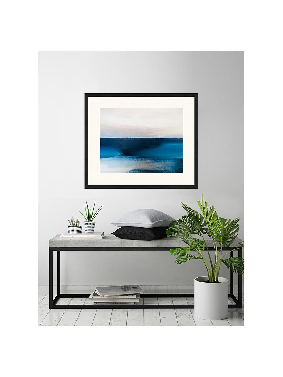 Ingelijste digitale print Blue And Grey Abstract Art, Afbeelding: digitale print op papier,, Lijst: gelakt hout, Multicolour, B 63 cm x H 53 cm