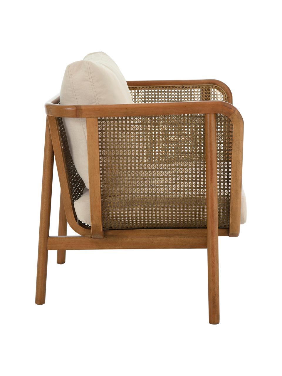 Loungesessel Callo aus Rattan, Gestell: Buchenholz, lackiert, FSC, Webstoff Hellbeige, Buchenholz, B 106 x T 79 cm