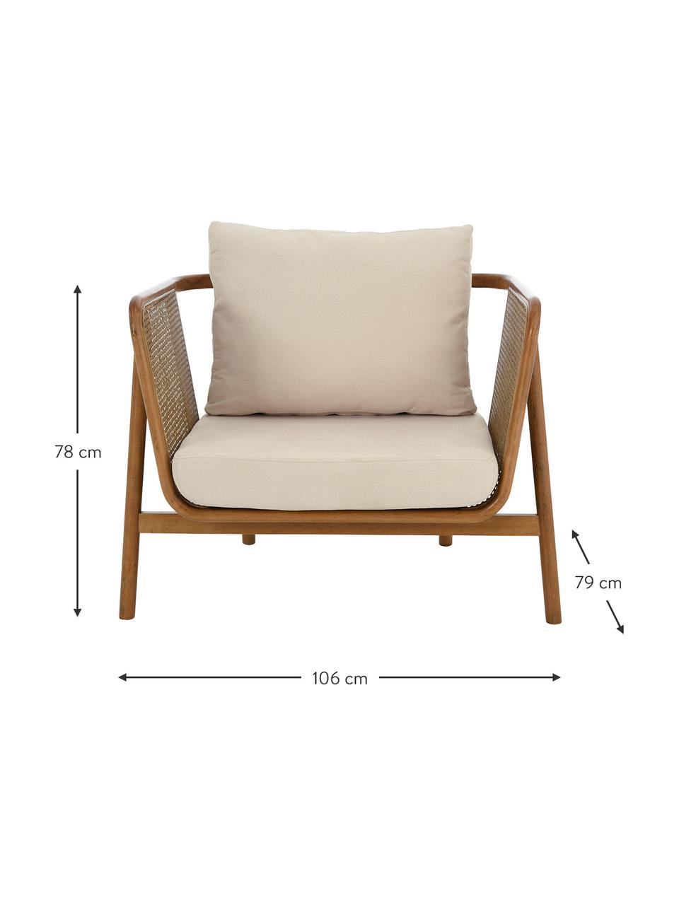 Fauteuil lounge en rotin Callo, Tissu blanc crème, bois de hêtre, larg. 106 x prof. 79 cm