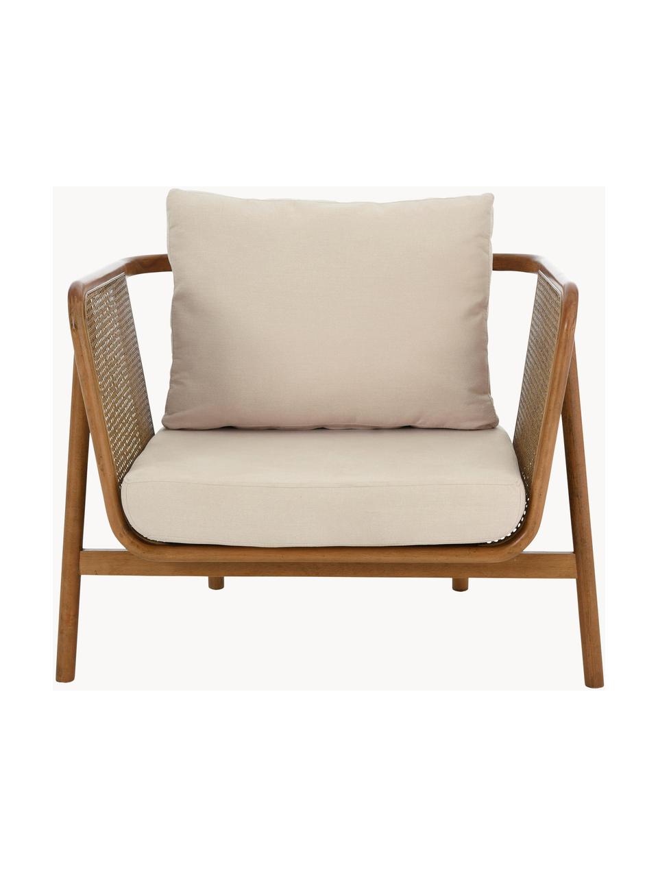Fauteuil lounge en rotin Callo, Tissu blanc crème, bois de hêtre, larg. 106 x prof. 79 cm