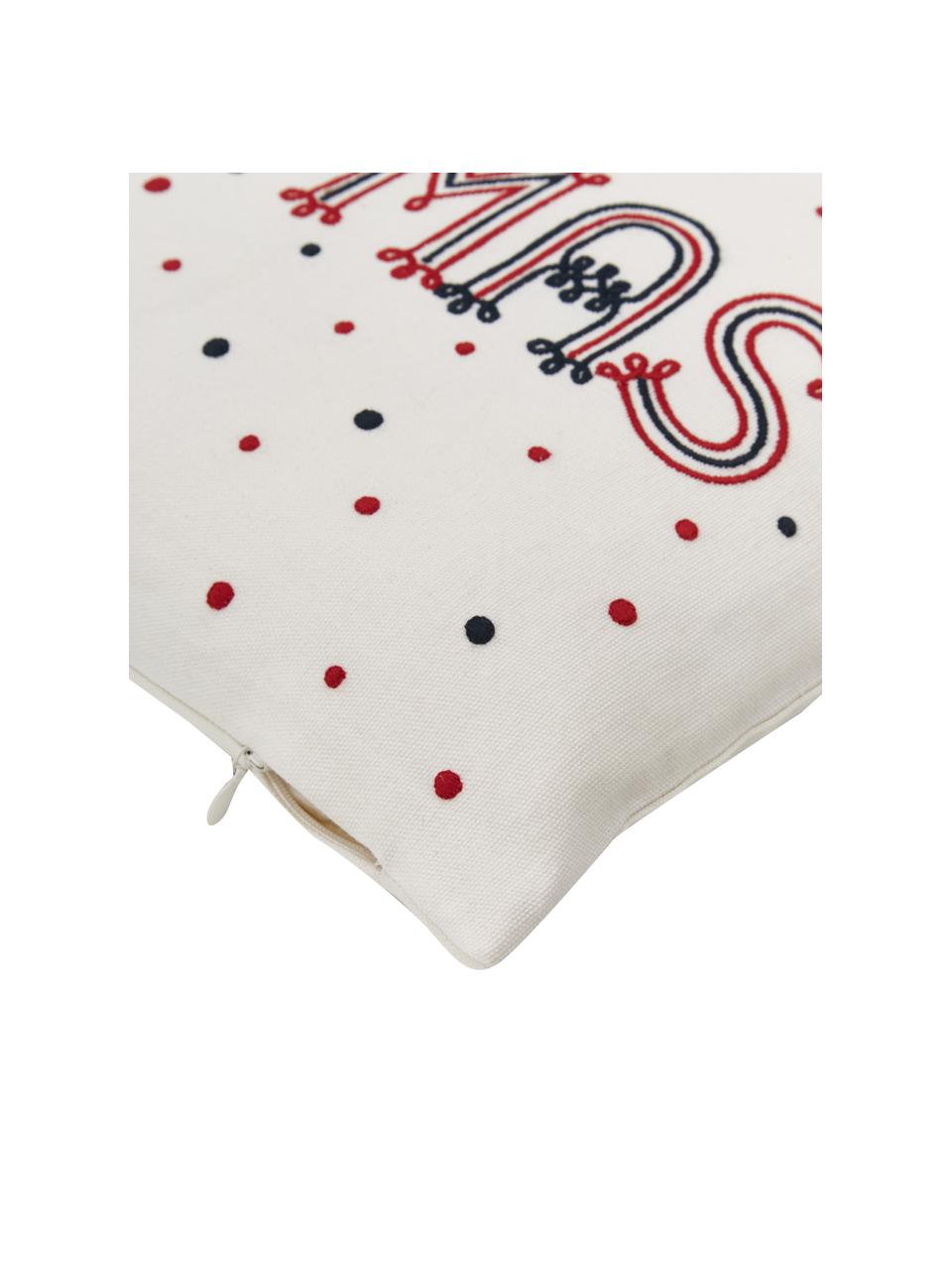 Copricuscino ricamato con cuciture decorative invernali Fenna, 100% cotone, Bianco crema, rosso, nero, Larg. 30 x Lung. 50 cm