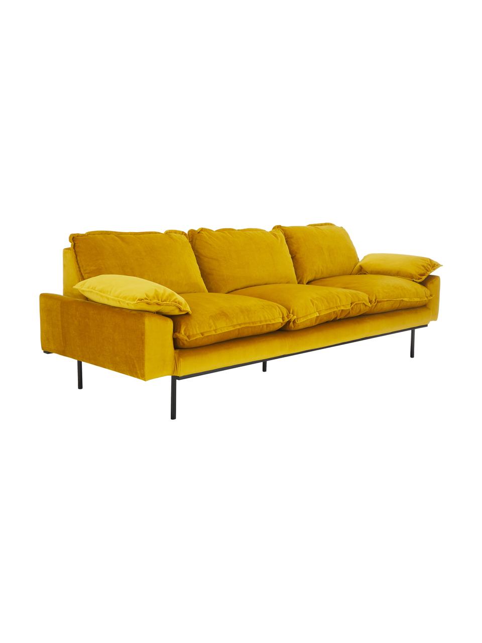 Samt-Sofa Retro (4-Sitzer) mit Metall-Füßen, Bezug: Polyestersamt 86.000 Sche, Korpus: Mitteldichte Holzfaserpla, Füße: Metall, pulverbeschichtet, Samt Ockergelb, B 245 x T 83 cm