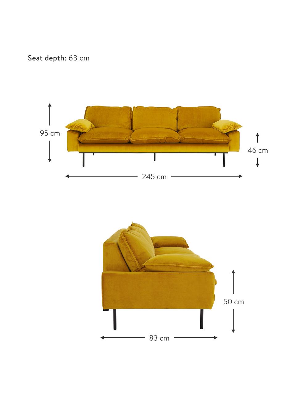 Fluwelen bank Retro (3-zits) met metalen poten, Bekleding: polyester fluweel, Frame: MDF, houtvezelplaat, Poten: gepoedercoat metaal, Fluweel okergeel, B 245 x D 83 cm