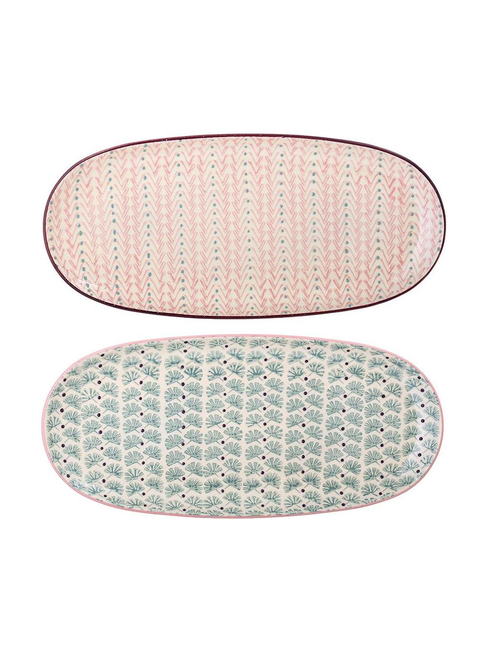 Servierplatten Maya mit kleinem Muster, 2er-Set, Steingut, Cremeweiss, Grün, Lila, Rosa, L 35 x B 16 cm