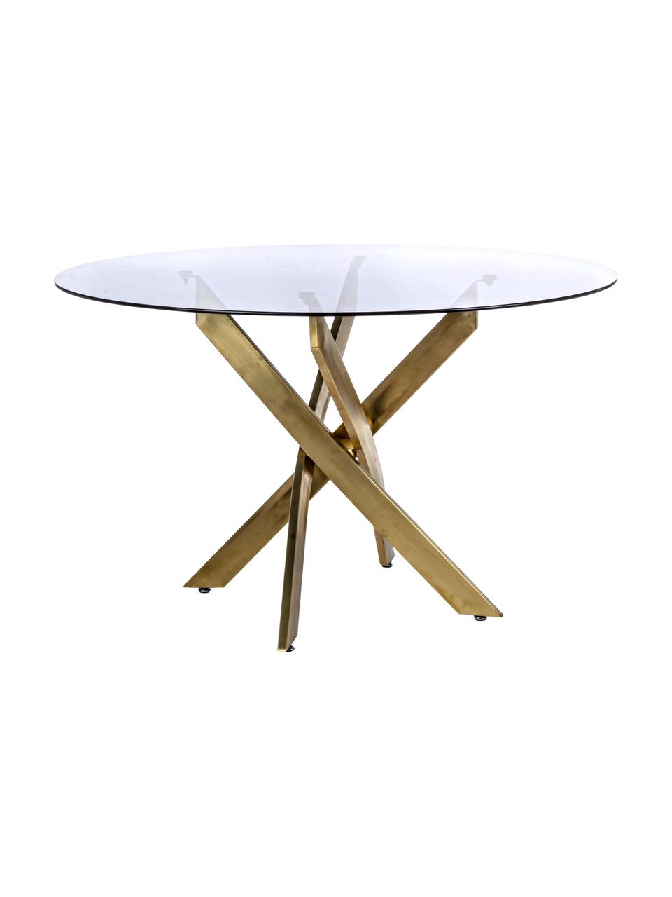 Mesa de comedor George, tablero de cristal, Tablero: vidrio tintado, Patas: metal con pintura en polv, Latón, Ø 120 x Al 75 cm