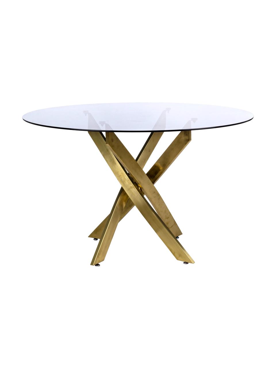 Table en verre noir et pieds design couleur laiton George, Ø 120 cm, Verre teinté, couleur laitonnée