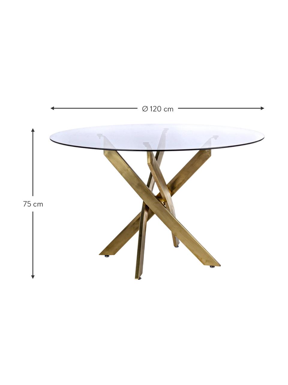 Mesa de comedor George, tablero de cristal, Tablero: vidrio tintado, Patas: metal con pintura en polv, Latón, Ø 120 x Al 75 cm