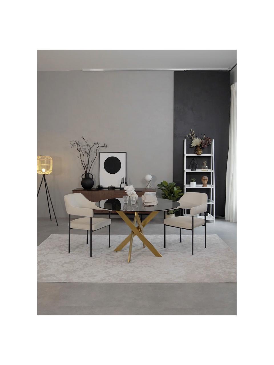 Table en verre noir et pieds design couleur laiton George, Ø 120 cm, Verre teinté, couleur laitonnée