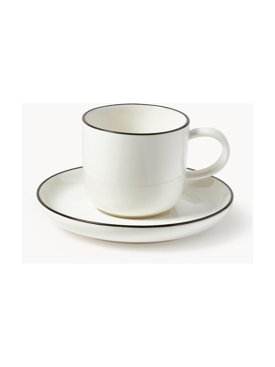 Porcelánové šálky s podšálky na espresso Facile, 2 ks, Vysoce kvalitní tvrdý porcelán (cca 50 % kaolinu, 25 % křemene a 25 % živce), Tlumeně bílá s černým okrajem, Ø 7 cm, V 6 cm, 125 ml
