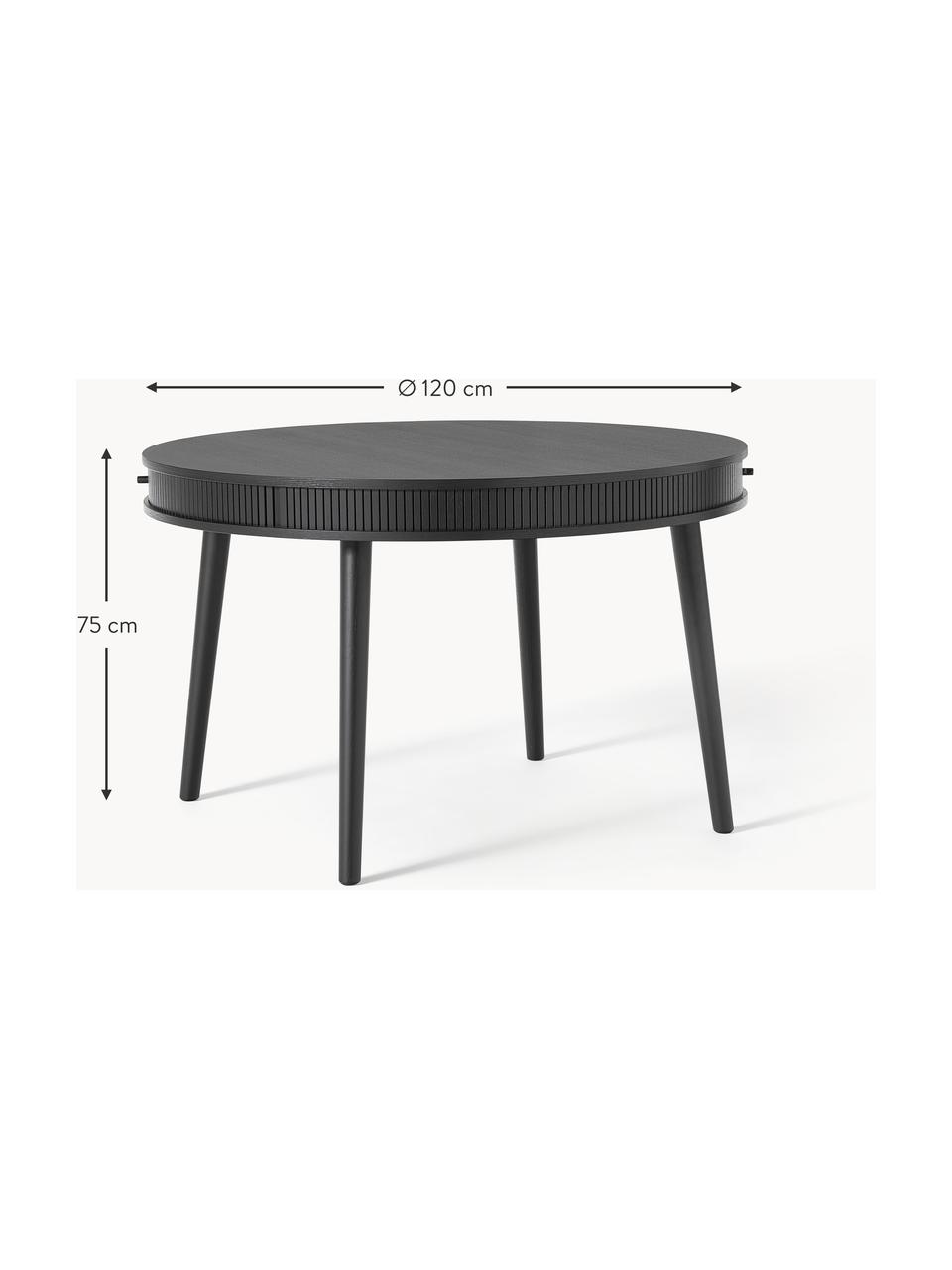 Runder Esstisch Calary mit Stauraum, Tischplatte: Mitteldichte Holzfaserpla, Beine: Eichenholz, Griffe: Metall, Schwarz, Ø 120 cm