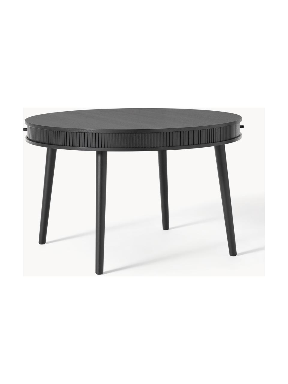 Mesa de comedor redonda Calary, con espacio de almacenamiento, Tablero: fibras de densidad media,, Patas: madera de roble, Negro, Ø 120 cm