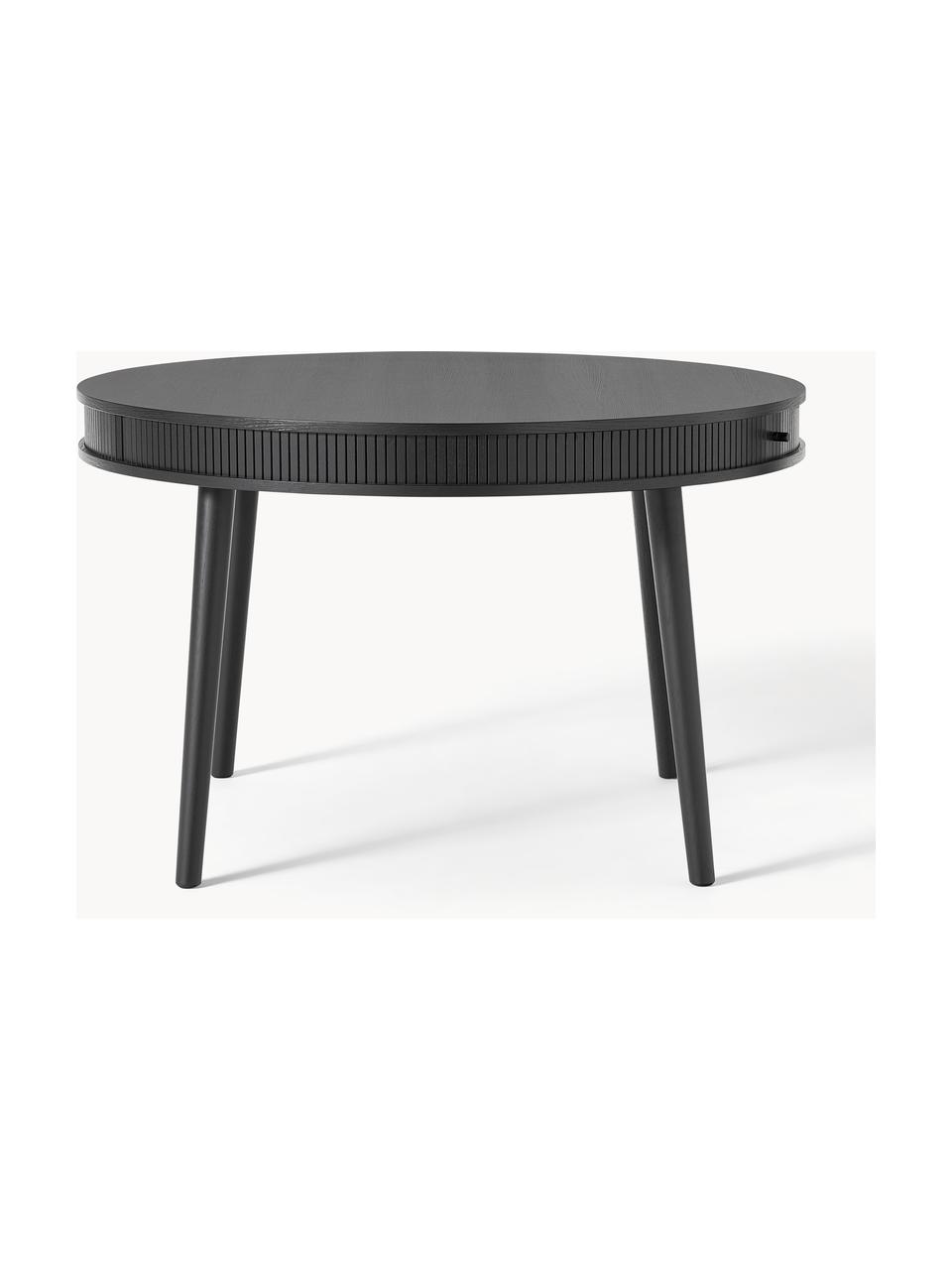 Mesa de comedor redonda Calary, Ø 120 cm, con espacio de almacenamiento, Tablero: tablero de fibra de densi, Patas: madera de roble, Madera de roble pintado en negro, Ø 120 cm