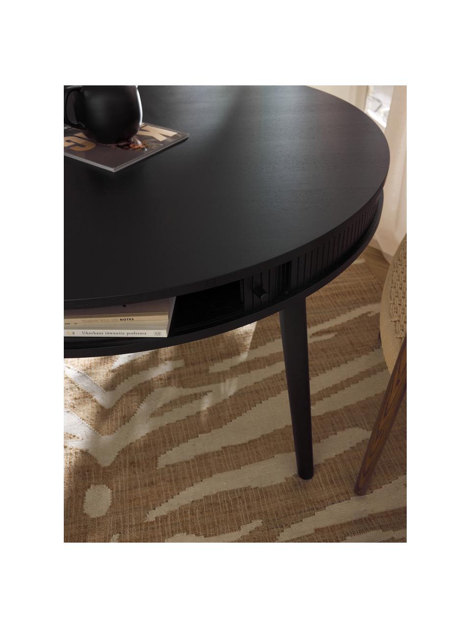 Mesa de comedor redonda Calary, con espacio de almacenamiento, Tablero: fibras de densidad media,, Patas: madera de roble, Negro, Ø 120 cm
