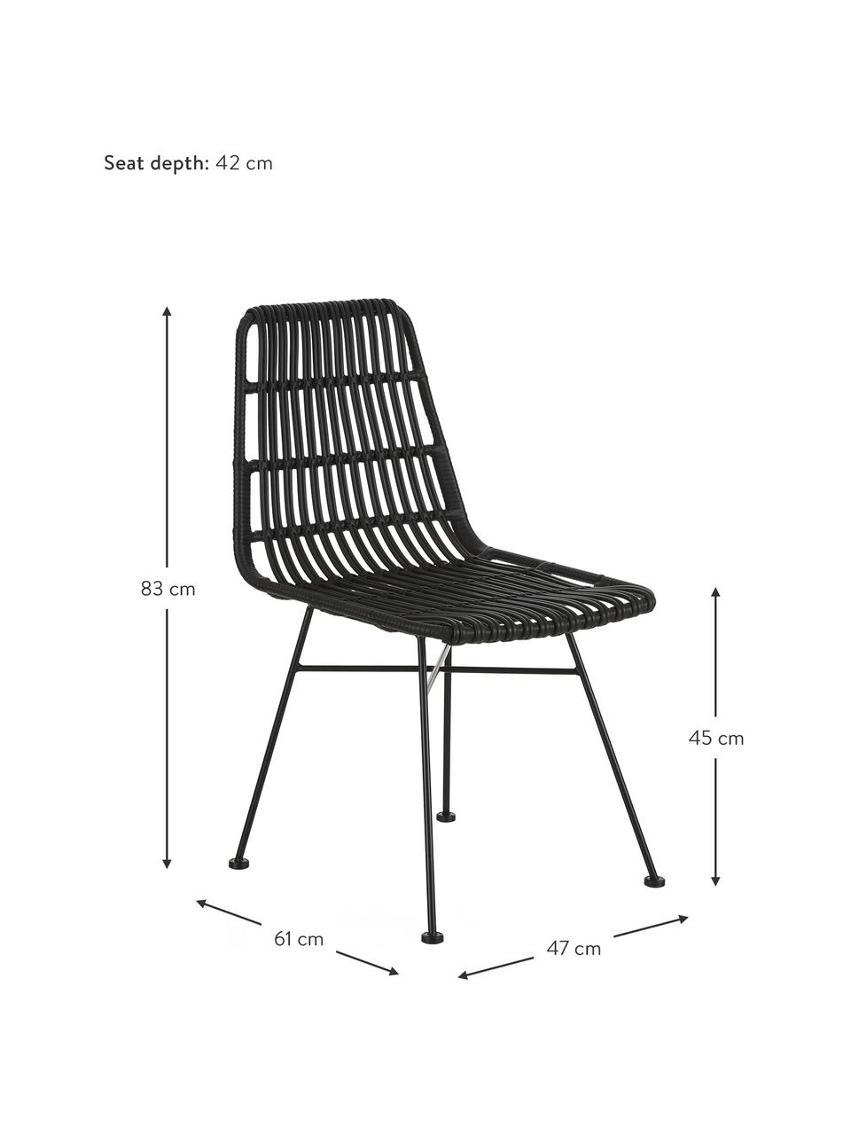 Krzesło z polirattanu Costa, 2 szt., Stelaż: metal malowany proszkowo, Drewno naturalne, czarny lakierowany, S 47 x G 61 cm