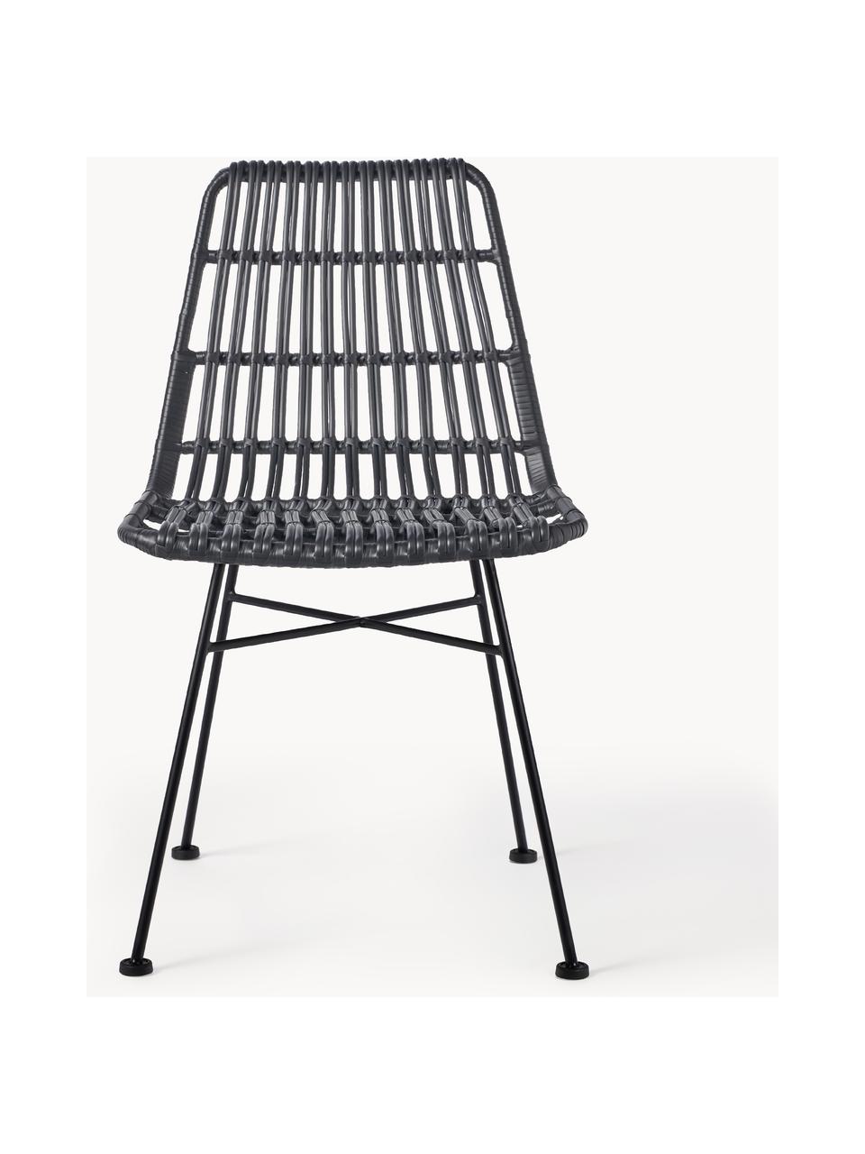 Polyrotan stoelen Costa, 2 stuks, Zitvlak: polyethyleen vlechtwerk, Frame: gepoedercoat metaal, Zwart, B 47 x D 61 cm