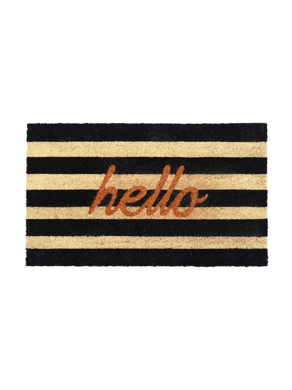 Felpudo Hello, Parte superior: fibra de coco, Reverso: vinilo, Negro, beige, dorado, An 45 x L 75 cm