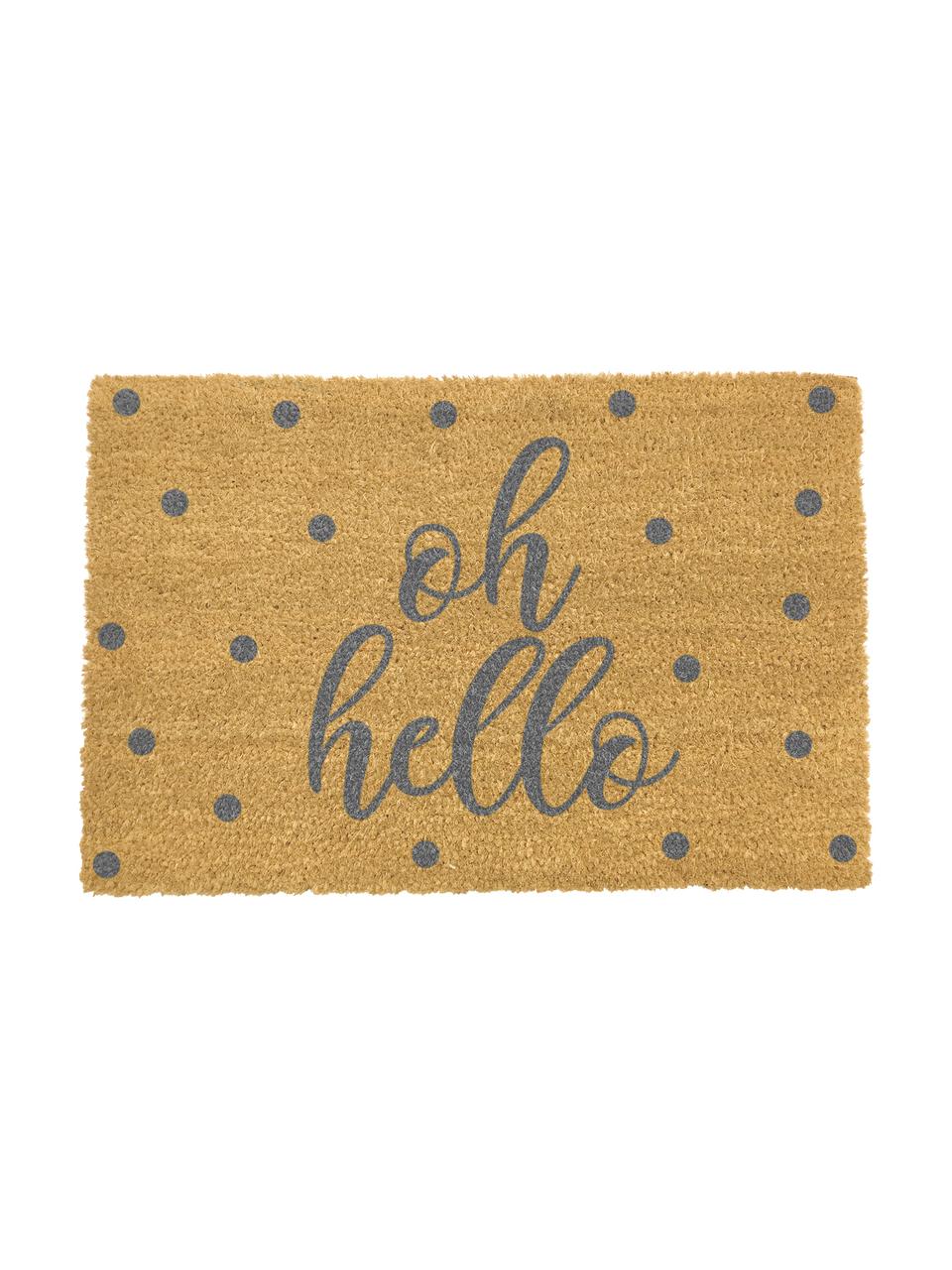 Felpudo Oh Hello, Parte superior: fibras de coco, Parte trasera: PVC, Beige, gris, An 40 x L 60 cm