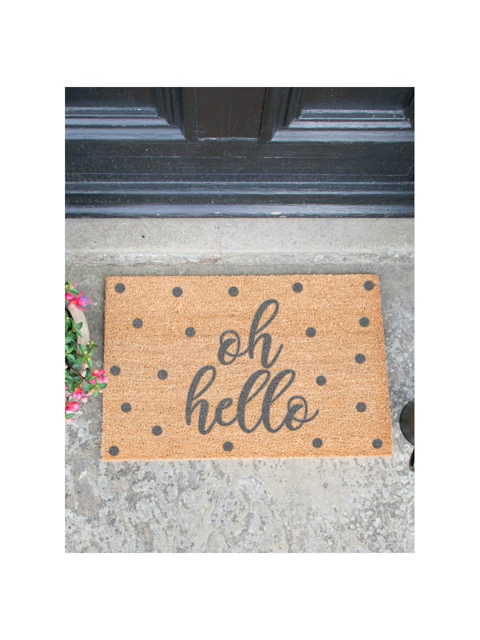 Felpudo Oh Hello, Parte superior: fibras de coco, Parte trasera: PVC, Beige, gris, An 40 x L 60 cm