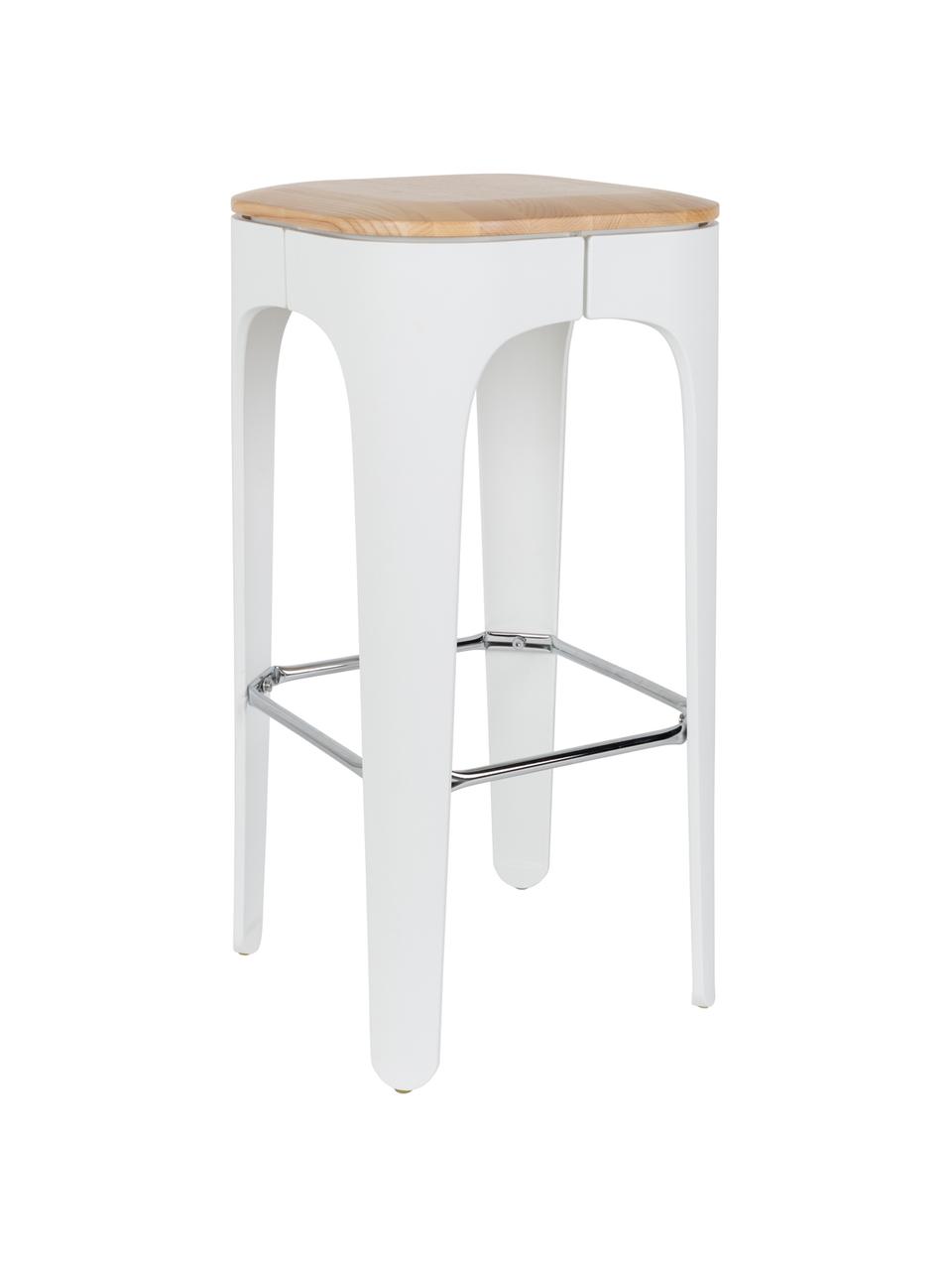 Sgabello da bar Up-High, Seduta: massello di frassino, Gambe: polipropilene, opaco vern, Seduta: legno di frassino >Gambe: bianco >Poggiapiedi: cromato, Larg. 35 x Alt. 73 cm