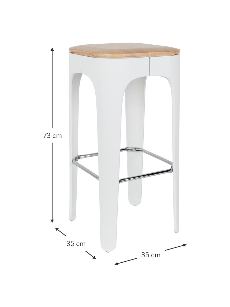 Sgabello da bar Up-High, Seduta: massello di frassino, Gambe: polipropilene, opaco vern, Seduta: legno di frassino >Gambe: bianco >Poggiapiedi: cromato, Larg. 35 x Alt. 73 cm