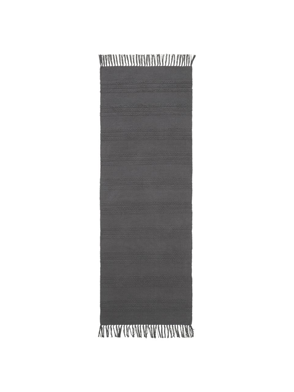 Passatoia in cotone a righe  tono su tono con frange Tanya, 100% cotone, Grigio scuro, Larg. 70 x Lung. 200 cm