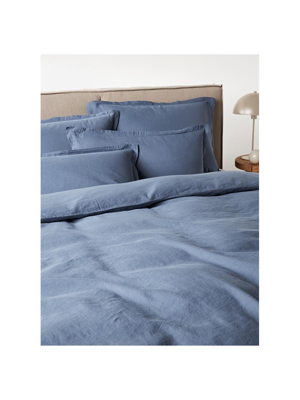 Pościel z lnu z efektem sprania Nature, Niebieski, 135 x 200 cm + 1 poduszka 80 x 80 cm