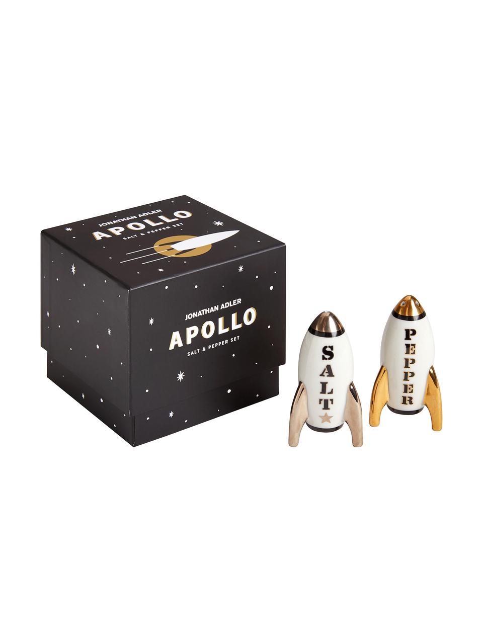 Design zout- en peperstrooierset Apollo,vergulden, 2-delig, Porselein, 24-karaats verguld, Wit, zilverkleurig, goudkleurig, 5 x 9 cm