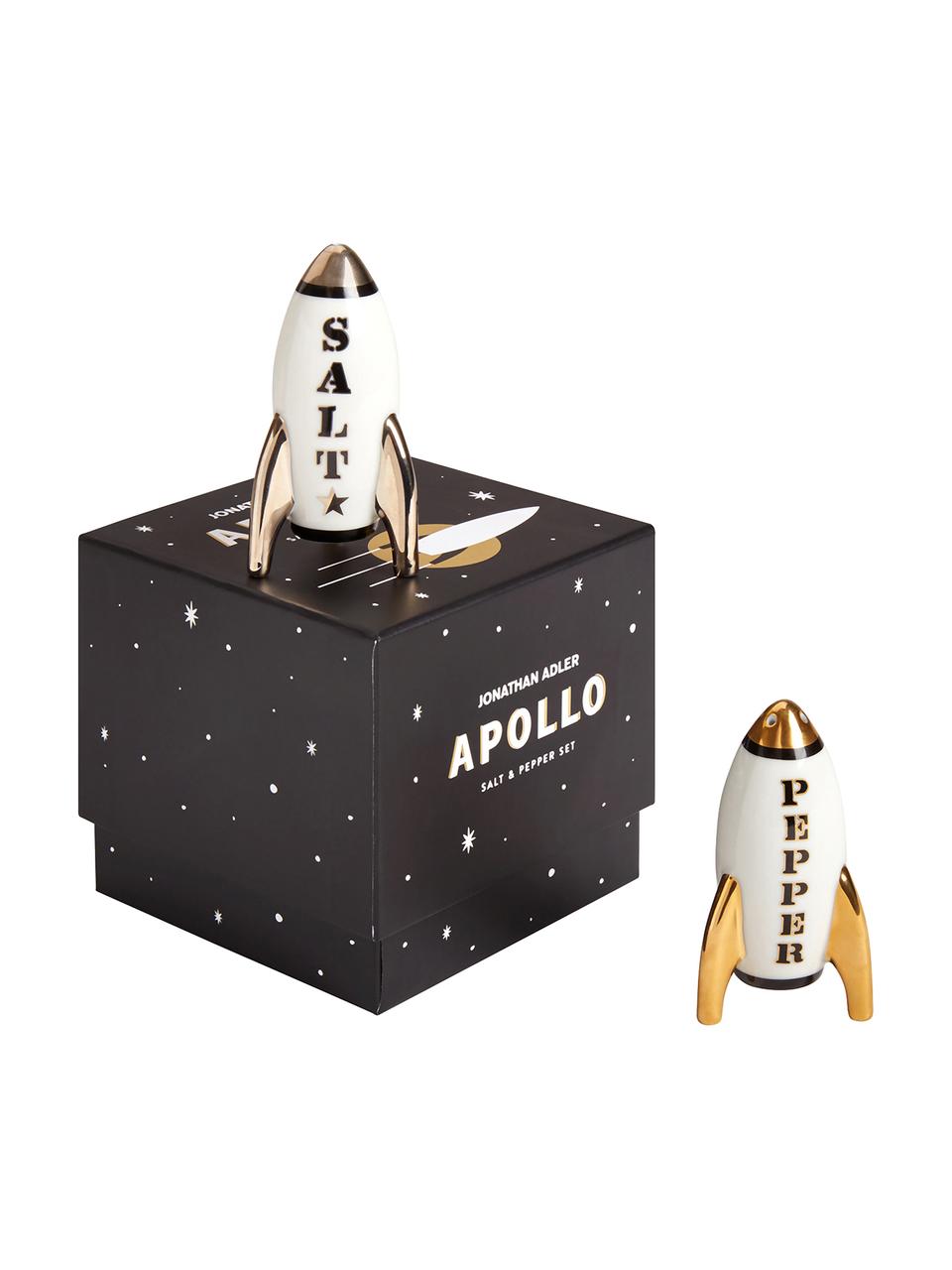 Set saliera e pepiera di design Apollo 2 pz, Porcellana, placcato in oro  24 carati, Bianco, argento, oro, Larg. 5 x Alt. 9 cm