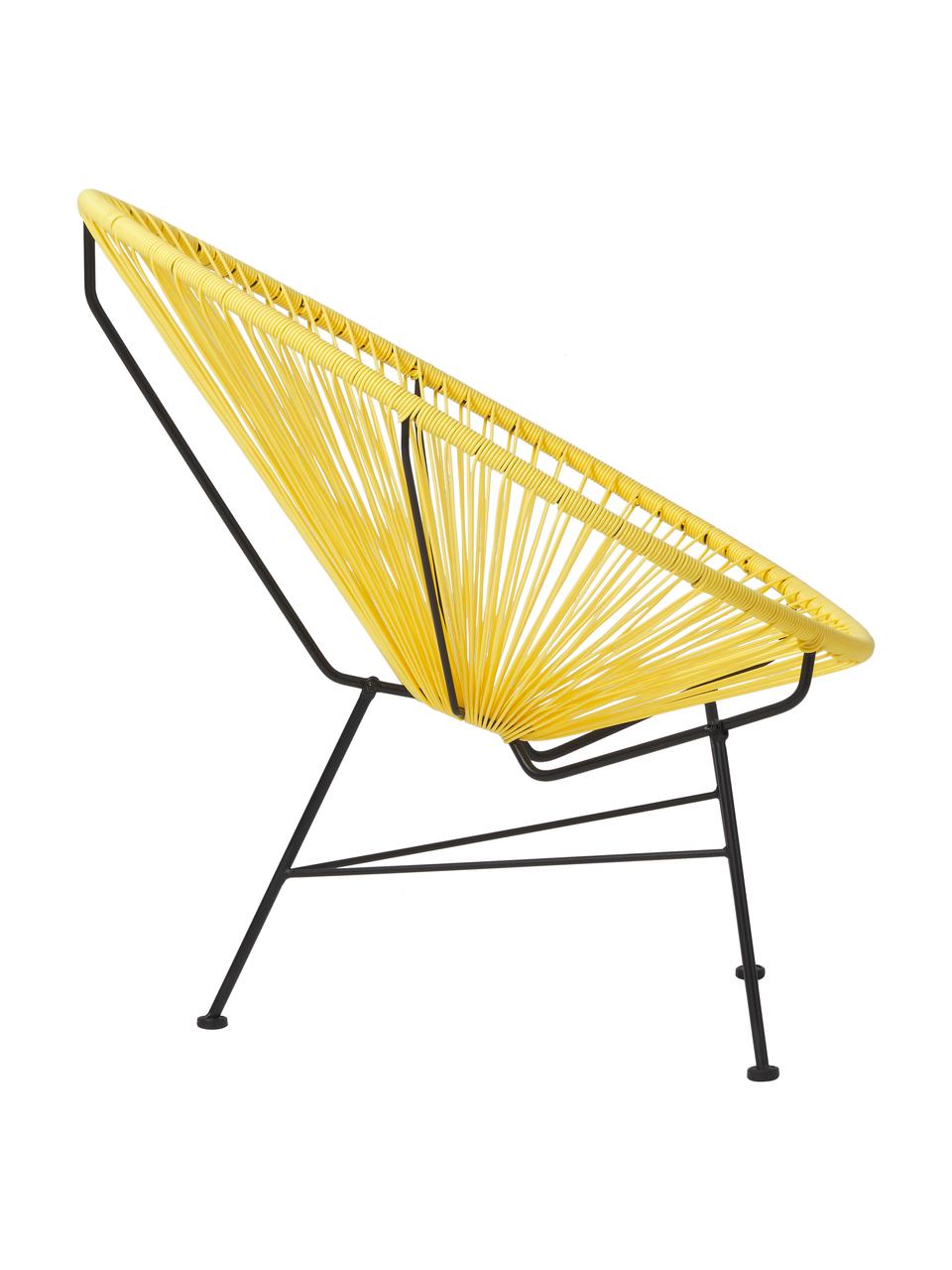 Loungefauteuil Bahia van kunststoffen vlechtwerk in zonnegeel, Zitvlak: kunststof, Frame: gepoedercoat metaal, Geel, zwart, B 81 x D 73 cm
