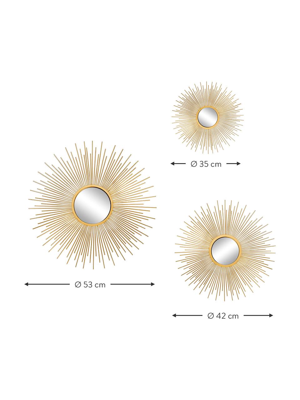 Dekospiegel-Set Sun mit goldenen Metallrahmen, 3-tlg, Rahmen: Metall, beschichtet, Spiegelfläche: Spiegelglas, Goldfarben, Set mit verschiedenen Größen