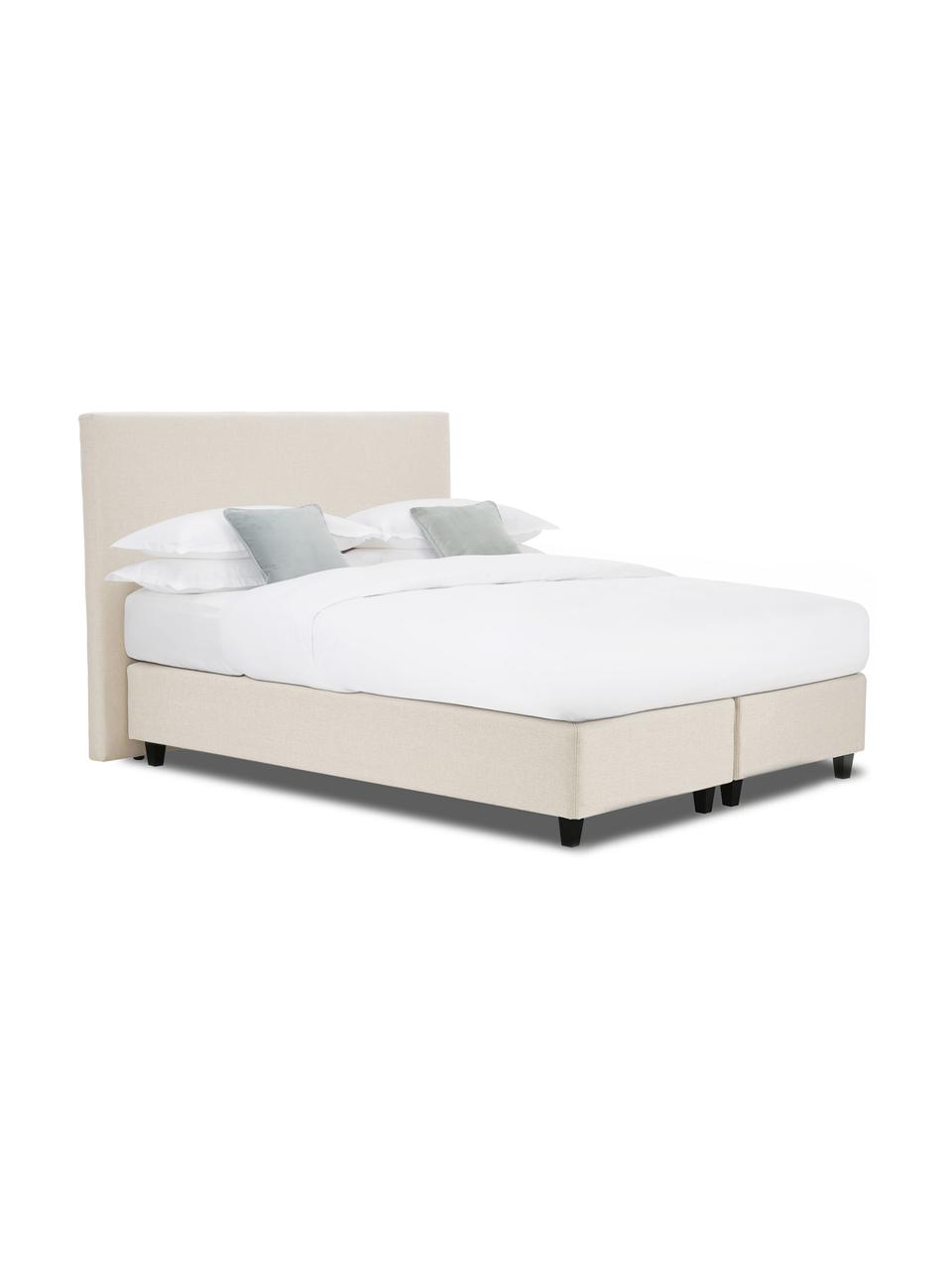 Premium boxspring bed Eliza in beige, Matras: 5-zones pocketvering, Poten: massief gelakt berkenhout, Geweven stof beige, 140 x 200 cm, hardheidsgraad 2